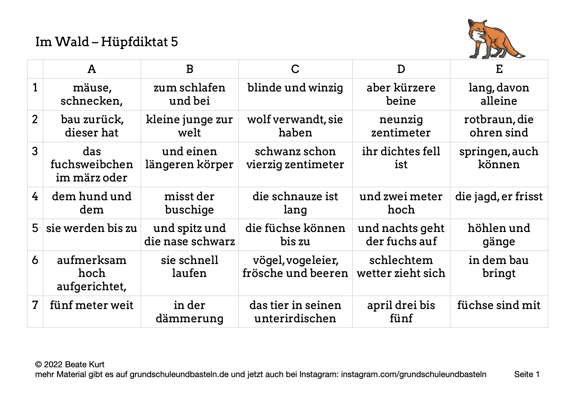 Im Wald: Ein Hüpfdiktat lösen 5 – grundschuleundbasteln.de