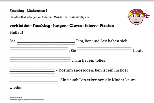 Im Fasching: Lückentexte für Klasse 2