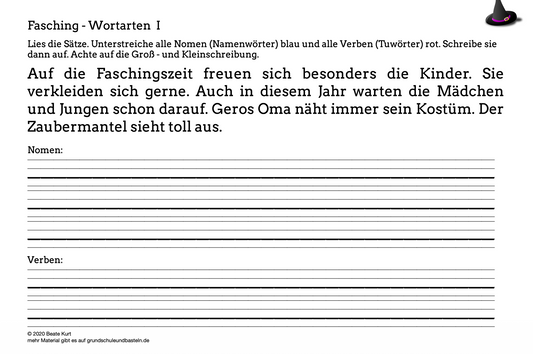 Im Fasching: Wortarten üben in Klasse 2