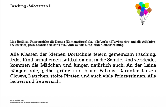 Im Fasching: Wortarten üben in Klasse 3
