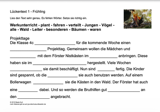 Im Frühling: Lückentexte für Klasse 4