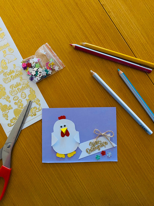 Im Frühling: Eine Osterkarte mit Hühnchen