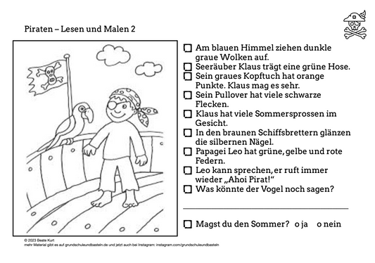 Seeräuber und Piraten: Übung – Lesen und Malen 2