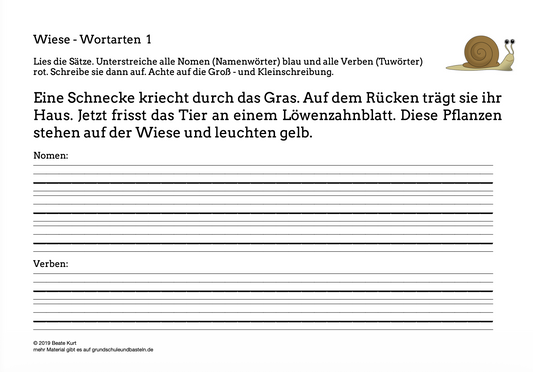 Auf der Wiese: Wortarten üben in Klasse 2